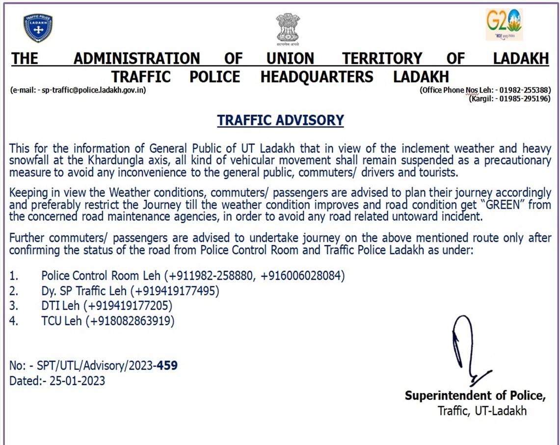 Ladakh Admin issues advisory in view of inclement weather and heavy snowfall at Khardungla