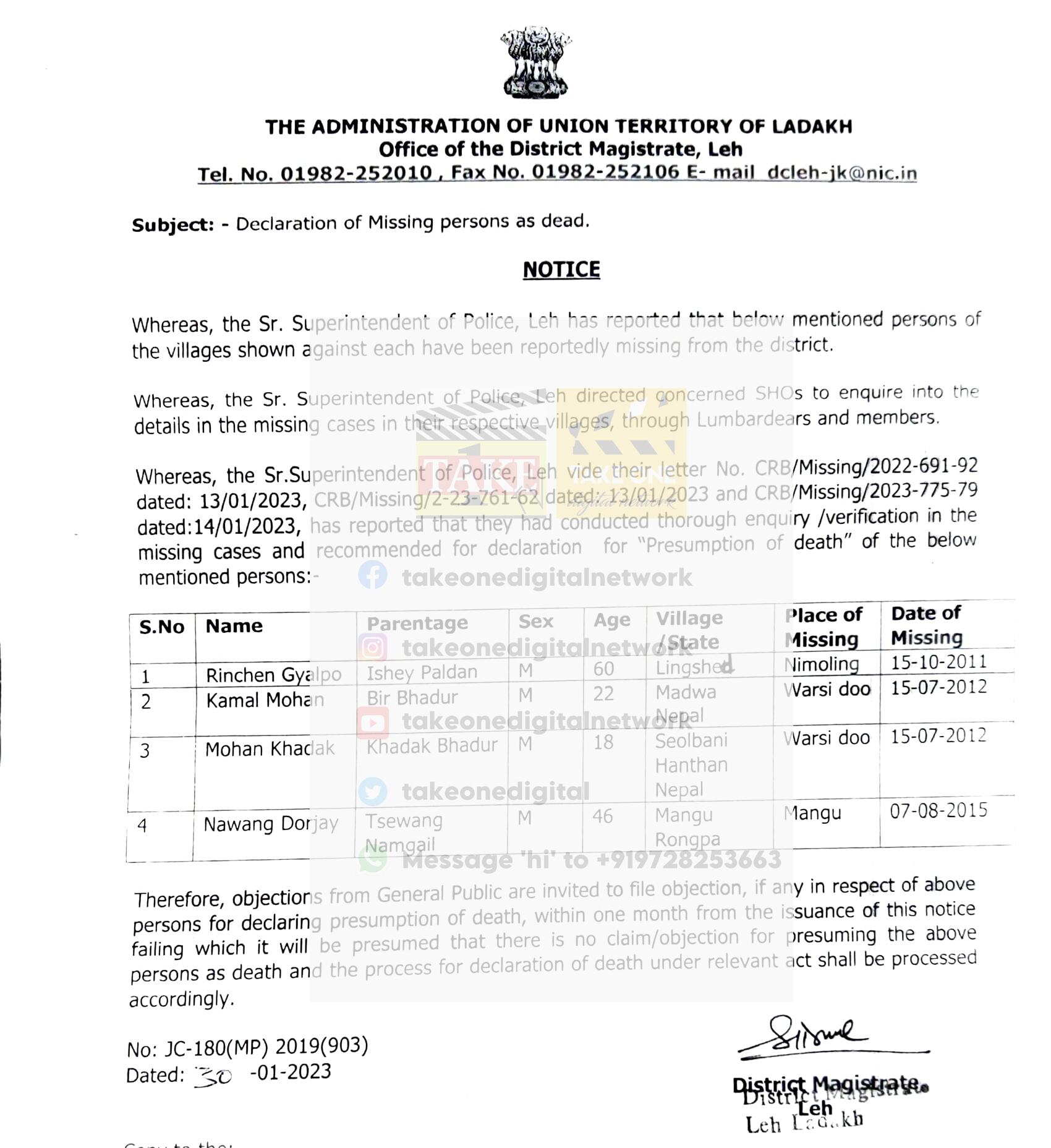 Declaration of 4 missing person as dead, objection regarding same should be raised within 30 days from issuance of notice: District Admin Leh