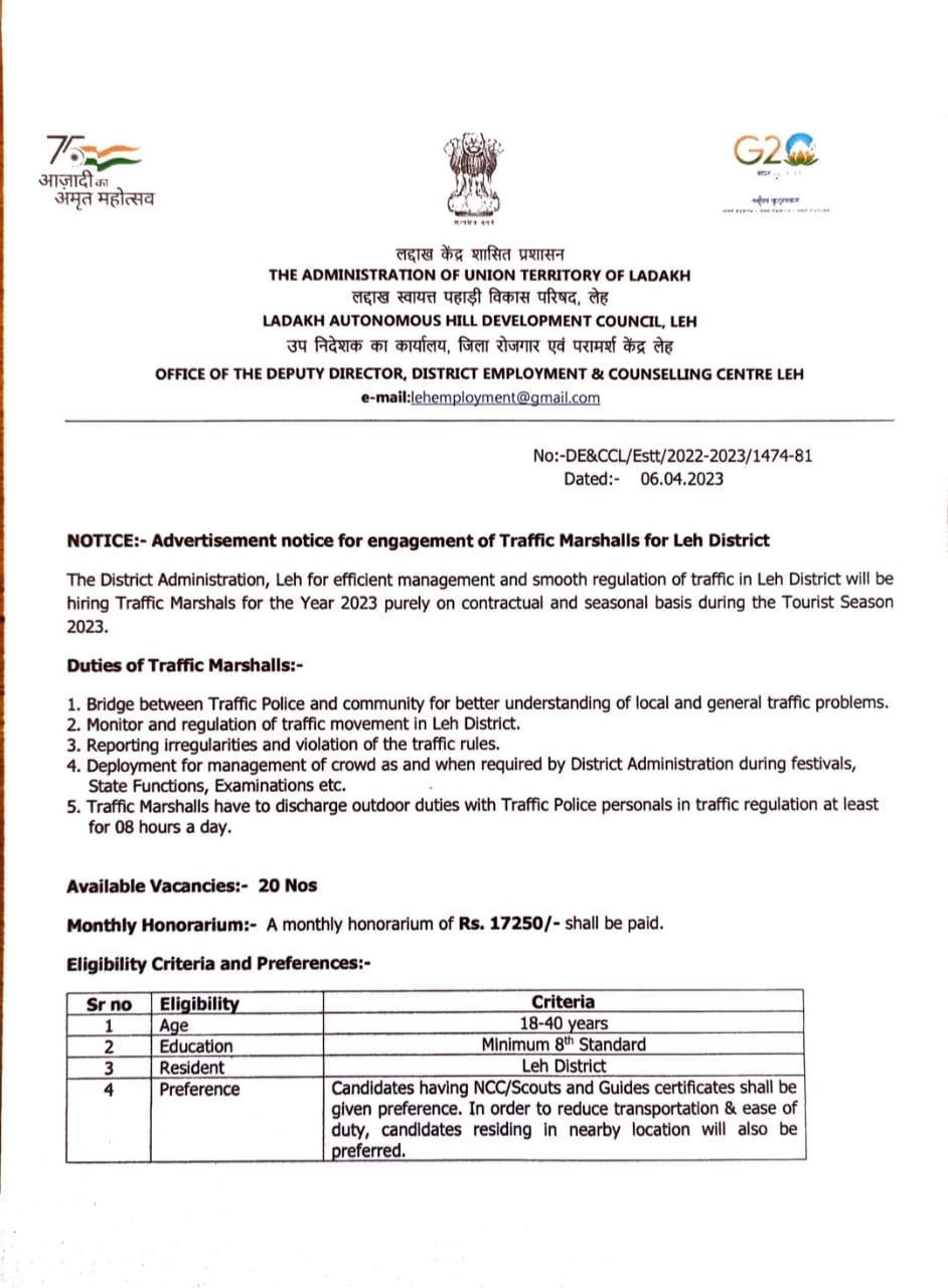 Leh Police issues order for Recruitment of Traffic Marshalls