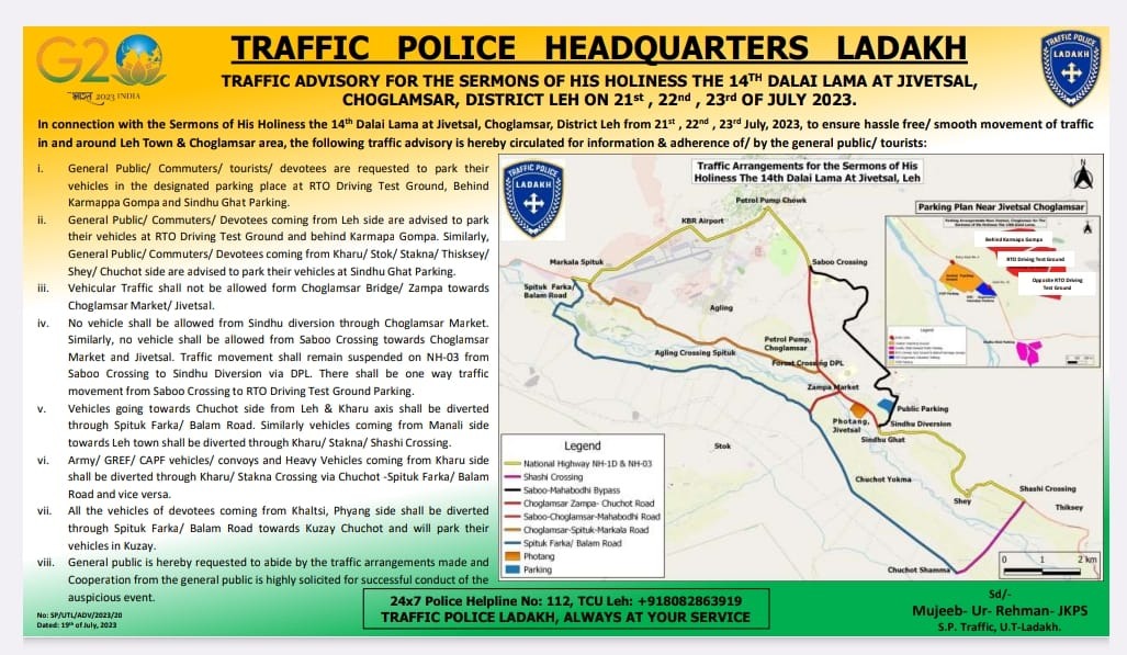 Traffic Police issues Advisory for sermons of His Holiness Dalai Lama in Leh’s Jivestal