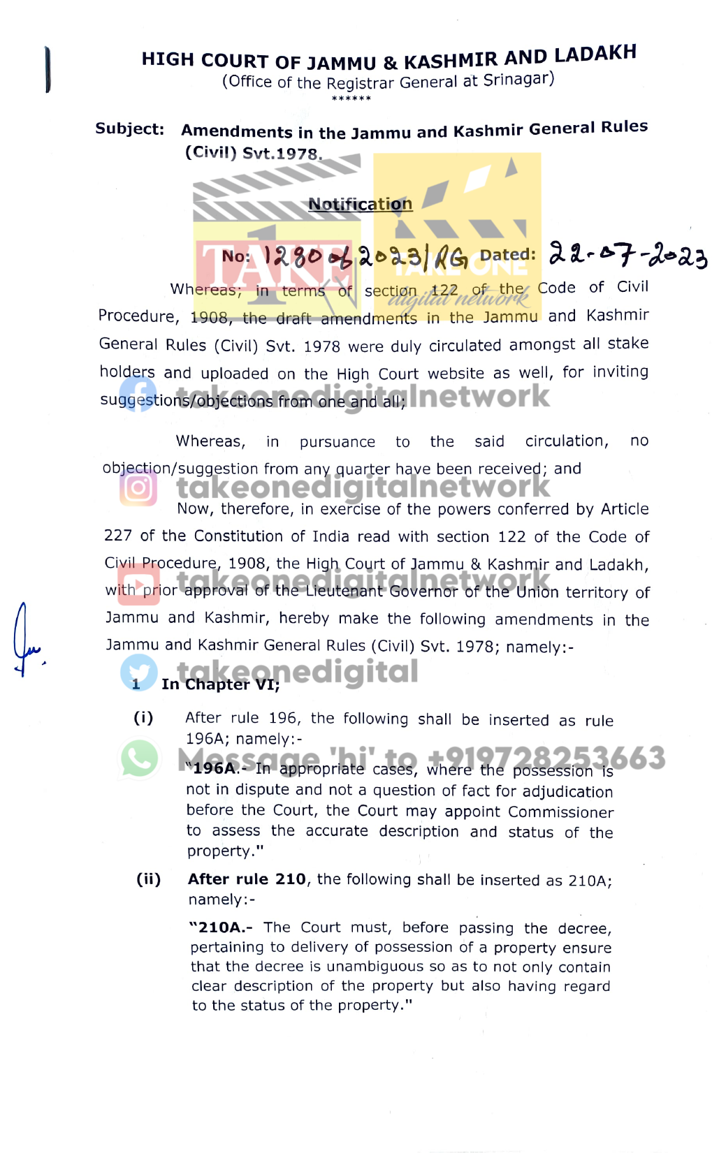 High Court of J&K and Ladakh notifies amendments in J&K General Rules (Civil) Svt 1978