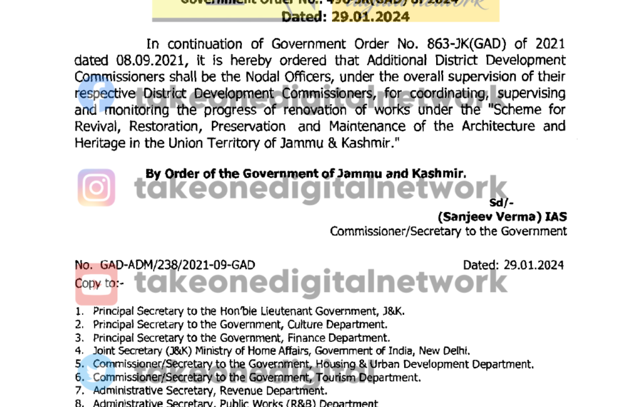 Preservation/Revival of Heritage Monuments under Scheme for Revival Restoration Preservation & Maintenance of Architect & Heritage in J&K ordered