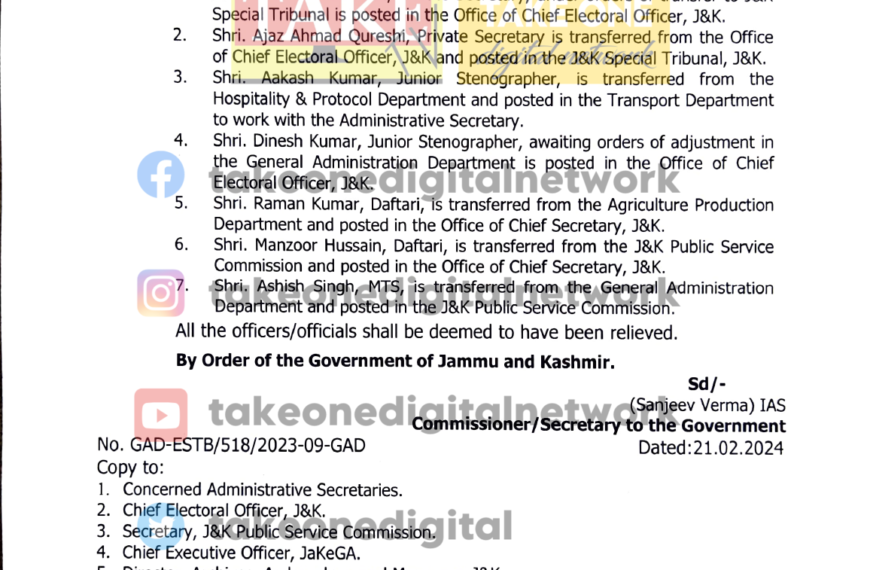 J&K Govt orders transfers & postings of 2 private secretaries among 7 employees