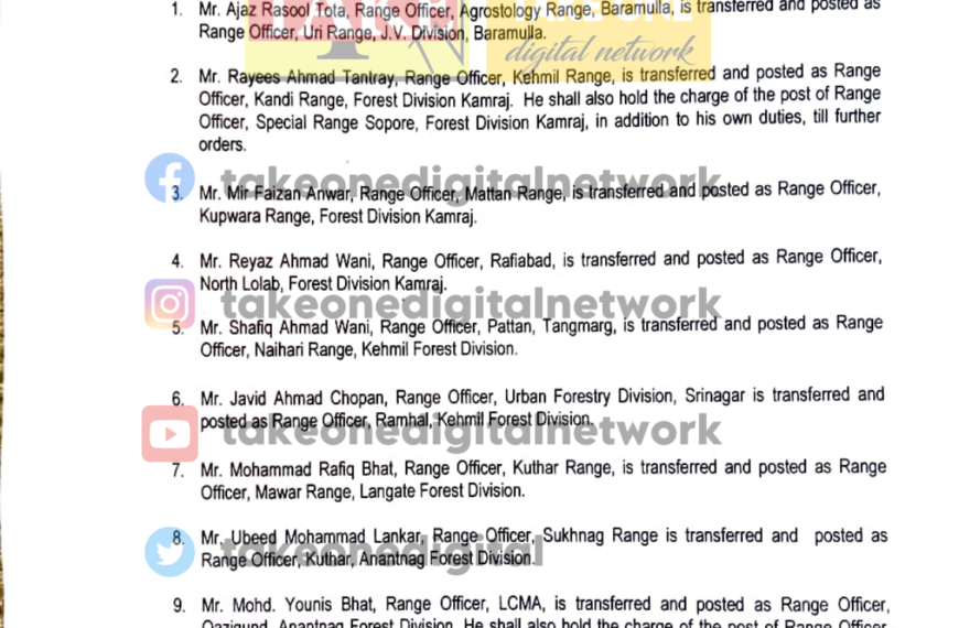 159 Forest officers, officials transferred & posted in J&K Admin