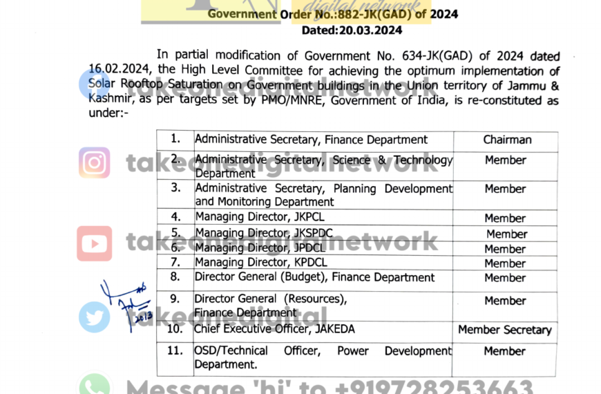 Constitution of Committee to facilitate saturation of Roof Top Solar system in Govt Buildings in J&K ordered