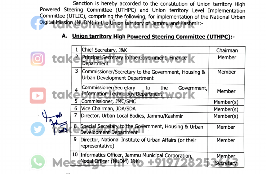 Constitution of UTHPC, UTLIC for implementation of National Urban Digital Mission (NUDM) in J&K ordered