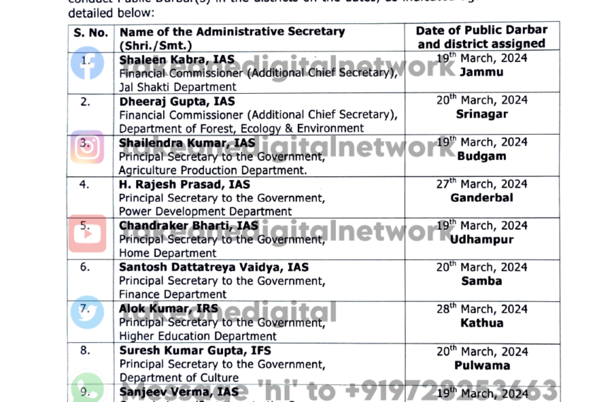 Roster issued for Public Darbars by J&K Admin Secretaries