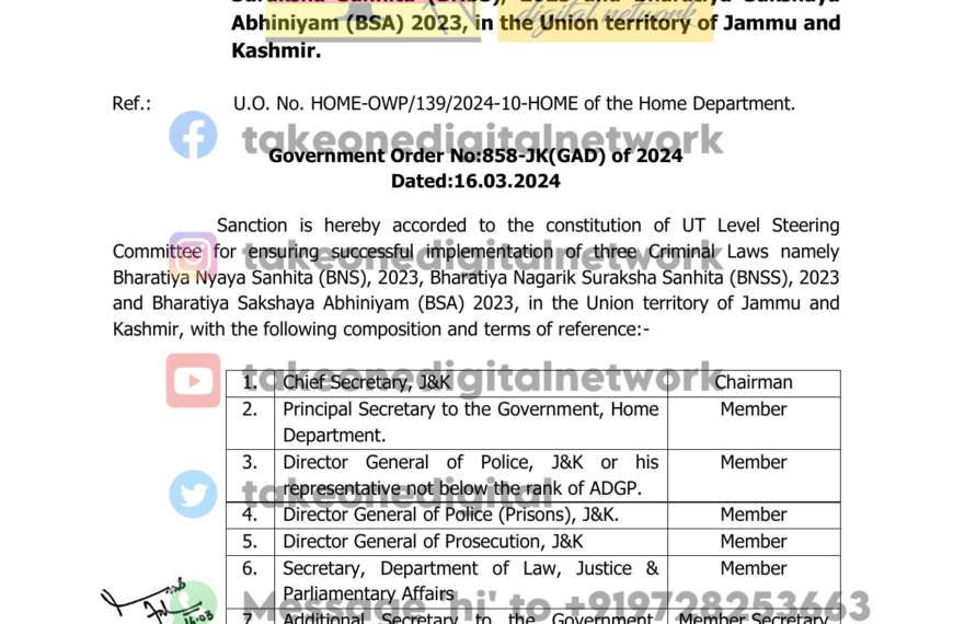 UT Level Steering Committee for implementation of three Criminal Laws ordered by J&K Admin