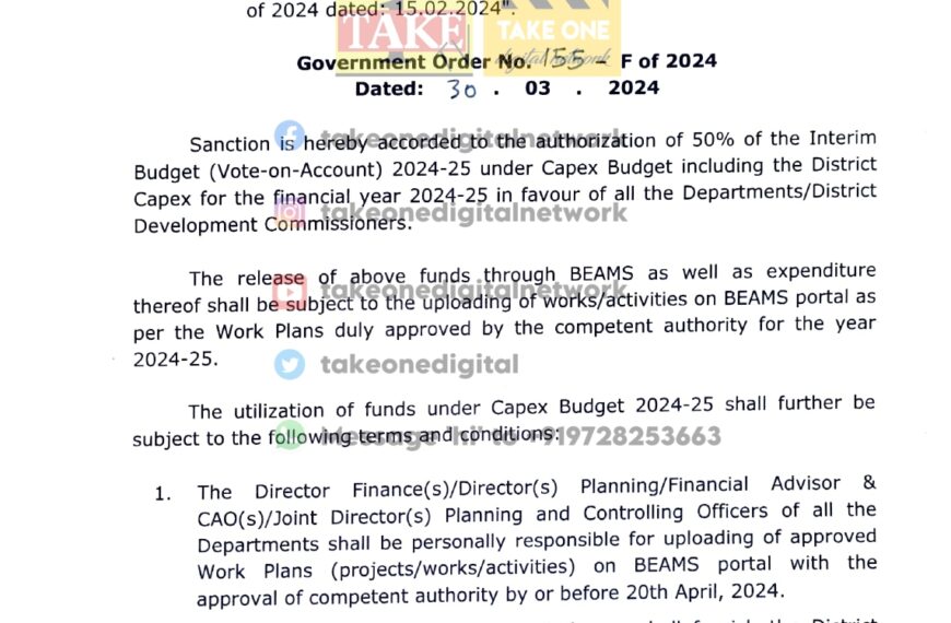 J&K Govt sanctions 50% of interim budget for capex expenditure 2024-25