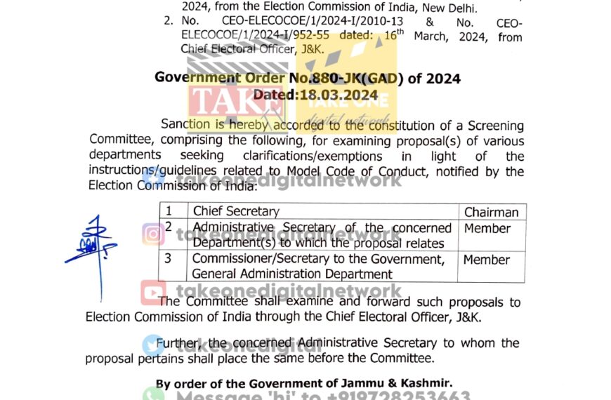 J&K Govt constitutes Chief Secretary-led screening panel for Lok Sabha poll compliance