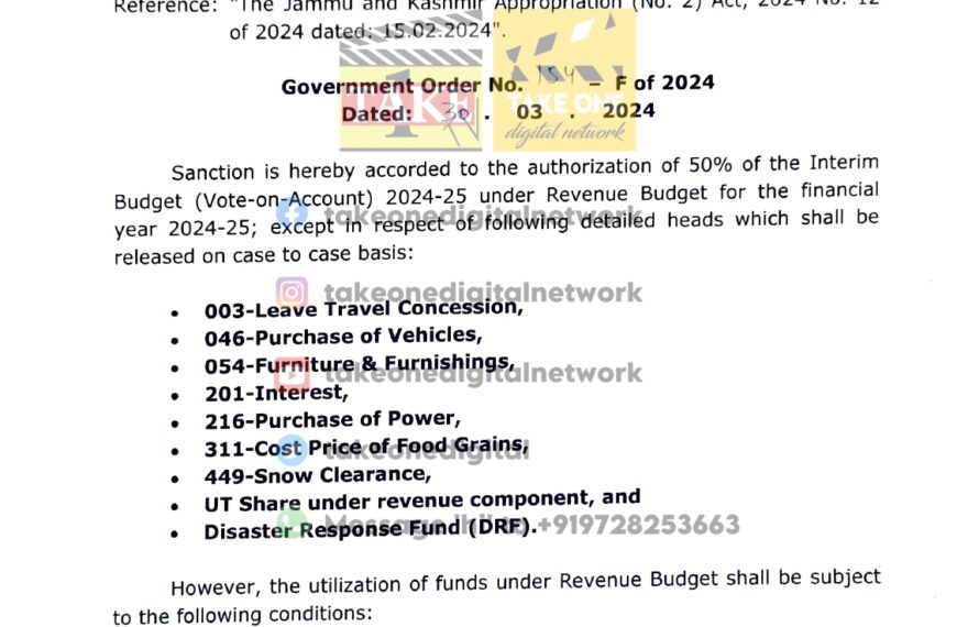 J&K Govt authorizes 50% of interim budget for FY 2024-25 under revenue allocation