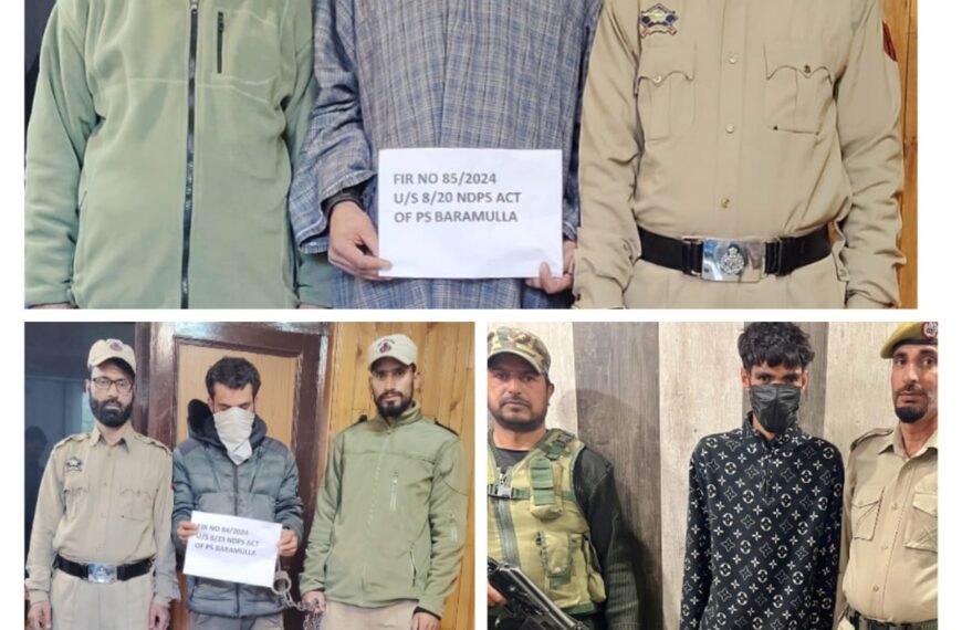 3 drug peddlers arrested in Baramulla; contraband seized