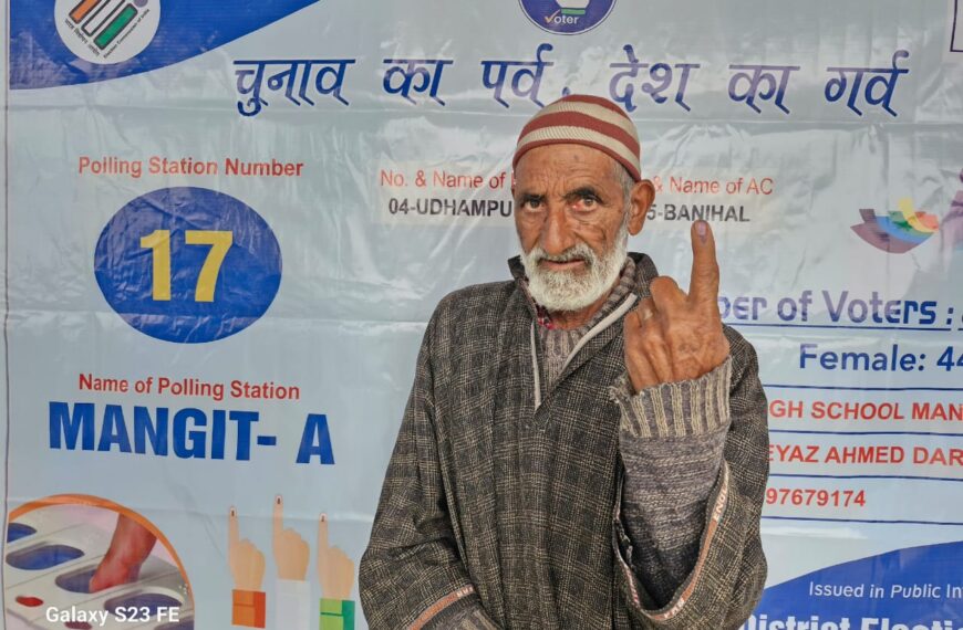 65-year-old Abdul Rasheed Mir leads as first voter at Polling Station in Banihal