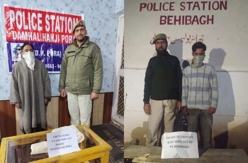 Kulgam Police arrests two drug peddlers, seizes charas contraband