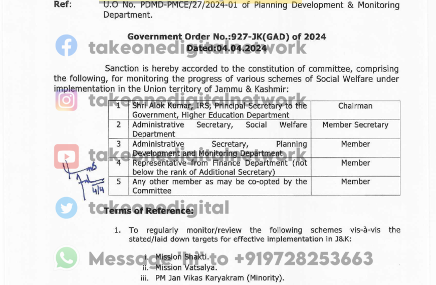 Committee constituted for monitoring Social Welfare under implementation in J&K