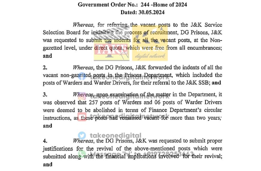 J&K Govt revives 210 warder and 6 warder driver posts in Prisons Department