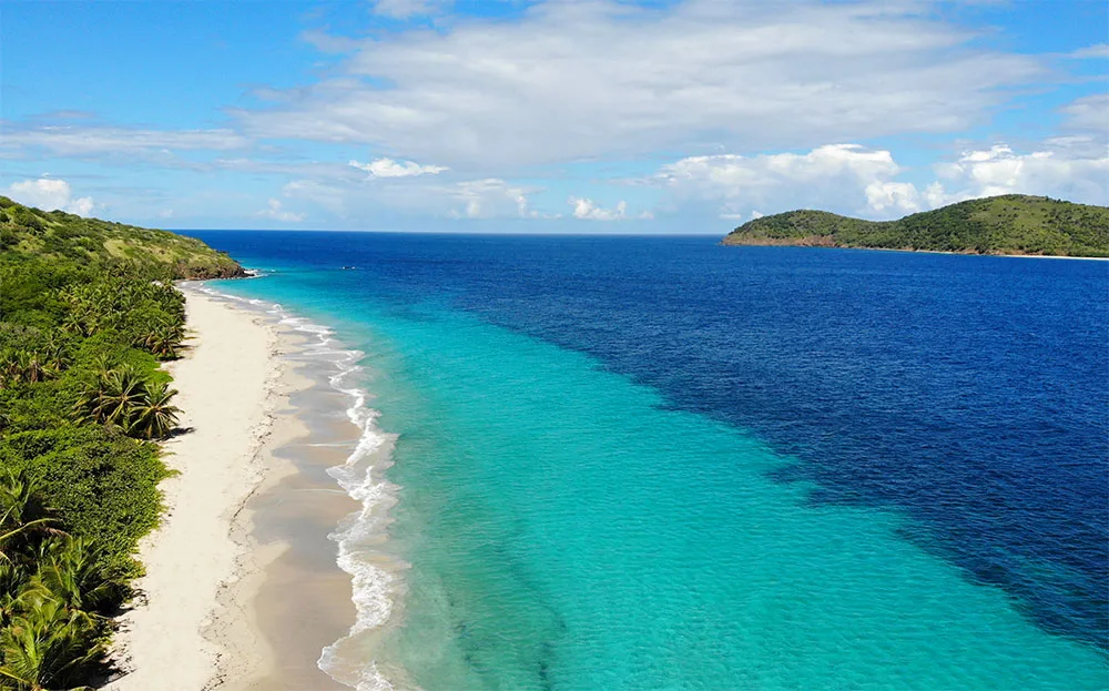 An aerial view of a white sand beach with turquoise water. The beach is lined with palm trees and there is a small island in the distance.