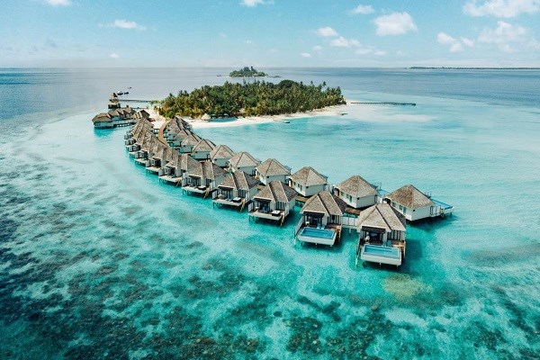 A photo of a row of bungalows built on stilts over a turquoise ocean. The bungalows have thatched roofs and balconies. The small island they are on has palm trees and other tropical vegetation. This is an image of water villas in the Maldives.