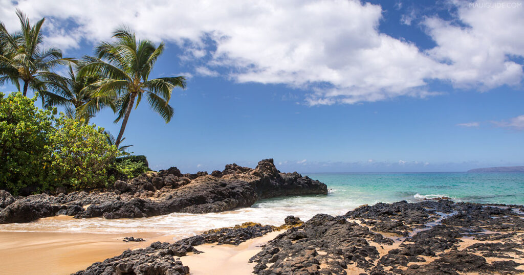 A view of a beach with rocks, palm trees, and clear blue water. The sky is bright blue and there are white clouds. This beach is likely Makena Cove in Maui, Hawaii.
