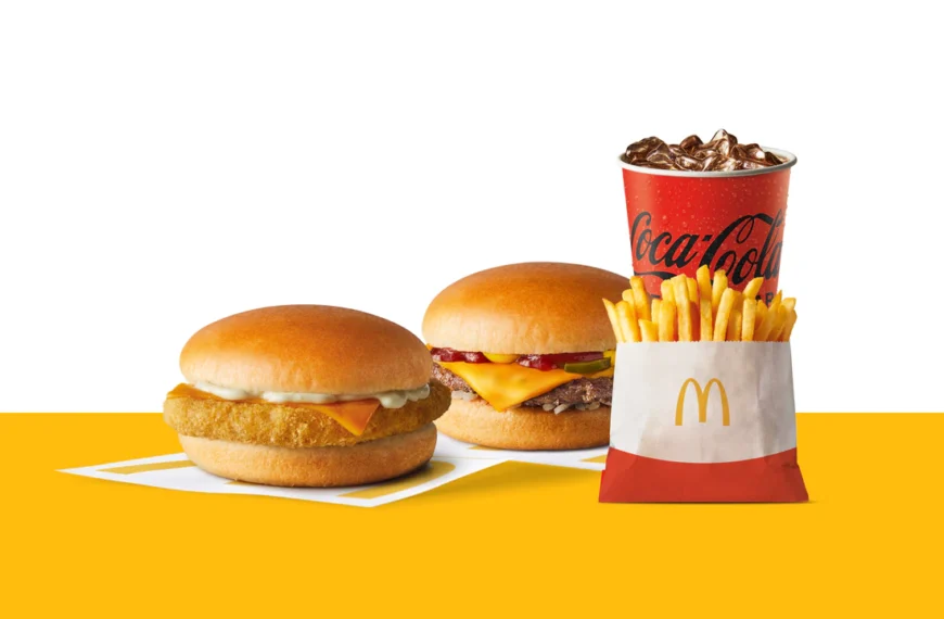 The image shows the mcdonalds 2 for 5 deal in the picture there is burgers and fries