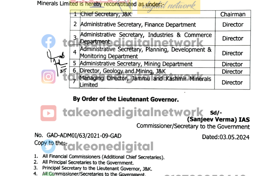 Govt Reconstitutes BoDs of J&K Minerals Limited