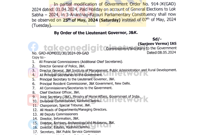 J&K Government Announces Paid Holiday for General Elections in Anantnag-Rajouri PC on May 25