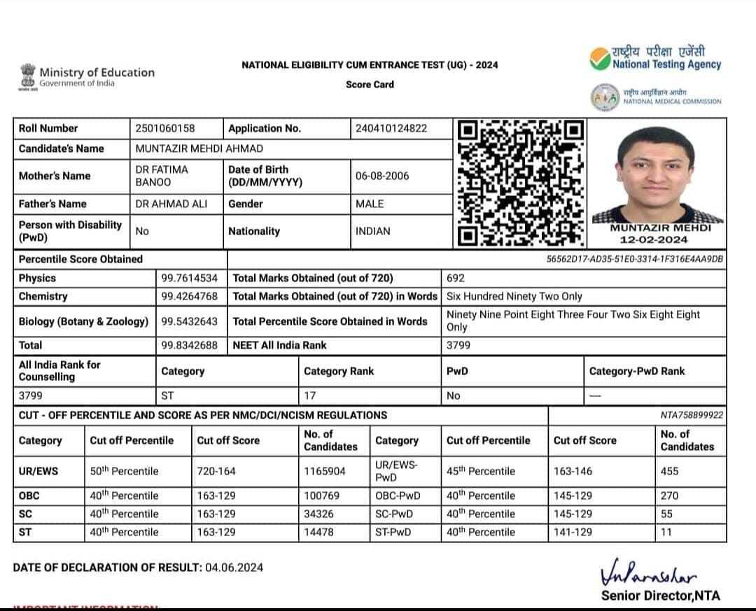 Muntazir Mehdi of Shakar Kargil tops from UT Ladakh in NEET 2024