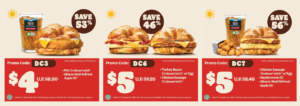 A Burger King advertisement promoting breakfast sandwiches and beverages. The image features three different breakfast sandwiches with corresponding discount percentages: 53%, 46%, and 56%. The sandwiches are described as Fish Croissan'wich with Minute Maid Refresh, Turkey Bacon Croissan'wich with Egg and Chicken Sausage, and Chicken Sausage Croissan'wich with Egg and Hashbrowns. The prices and promo codes for each sandwich are also included. Burger King Coupons & Offers