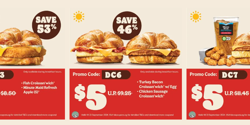 A Burger King advertisement promoting breakfast sandwiches and beverages. The image features three different breakfast sandwiches with corresponding discount percentages: 53%, 46%, and 56%. The sandwiches are described as Fish Croissan'wich with Minute Maid Refresh, Turkey Bacon Croissan'wich with Egg and Chicken Sausage, and Chicken Sausage Croissan'wich with Egg and Hashbrowns. The prices and promo codes for each sandwich are also included. Burger King Coupons & Offers