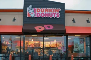 The image is of restaurant Dunkin’ Donuts Menu With Prices. In the image there is DD in the bold and Dunkin Donuts In the middle