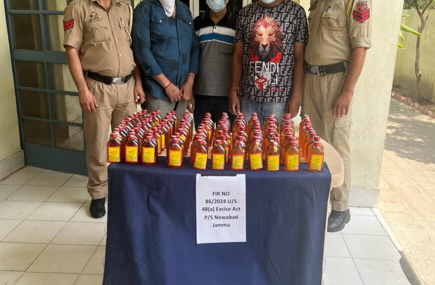 Jammu police arrest three bootleggers, seize 121 bottles of illicit liquor