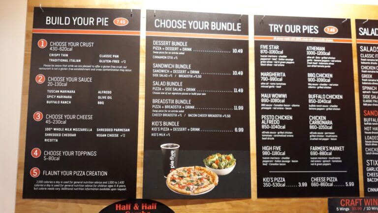 A menu board from Pie Five Pizza. The menu is divided into sections including Build Your Pie, Try Our Pies, Salads, Dessert Bundle, Sandwich Bundle, Kids Bundle, and Flaunt Your Pizza Creation. There are crust options, sauces, cheeses, toppings, and drinks listed. Prices are also listed. Here’s a breakdown of the menu sections: Build Your Pie: Choose your crust, sauce, cheese, and toppings. Try Our Pies: Signature pizzas with preset ingredients. Salads: Create your own salad or choose from a signature salad. Dessert Bundle: Includes a pizza, dessert, and drink. Sandwich Bundle: Includes a sandwich, dessert, and drink. Kid’s Bundle: Includes a kid’s pizza, dessert, and drink. Flaunt Your Pizza Creation: Create your own pizza. Some of the ingredients listed include marinara sauce, alfredo sauce, mozzarella cheese, cheddar cheese, parmesan cheese, pepperoni, sausage, bacon, mushrooms, onions, peppers, and olives. Note that this is just a partial list of the menu items available. You can see the full menu at a Pie Five Pizza location.
