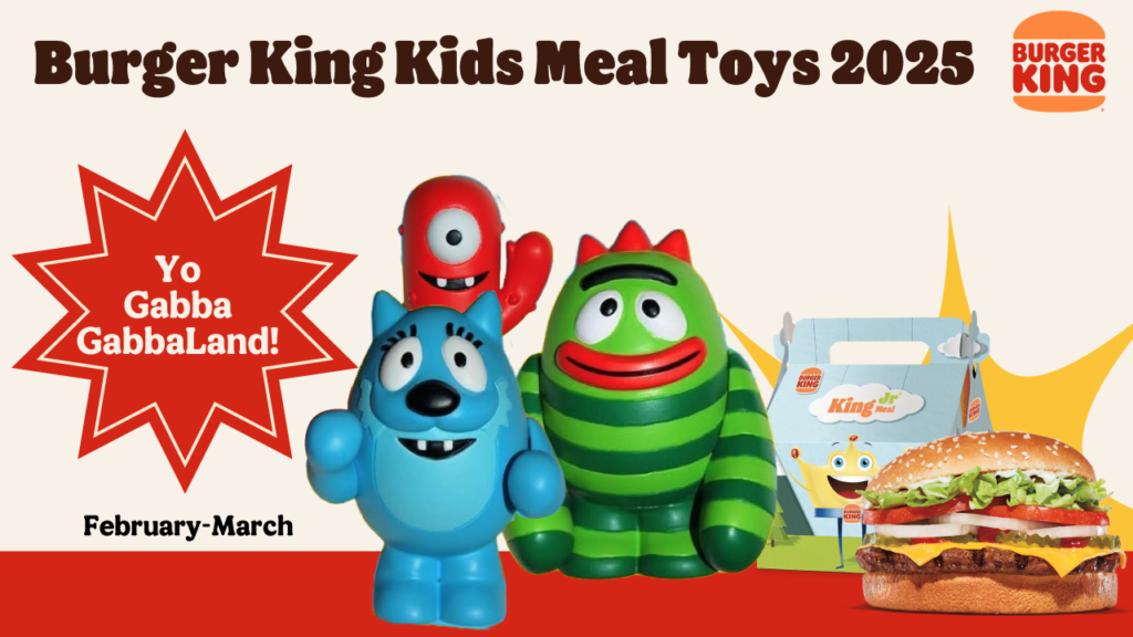 A colorful image promoting Burger King's Kids' Meal toys for 2025. The main focus is a plush toy of Dog Man, a popular children's book character, wearing a blue police uniform and a crown.  A Burger King Kids' Meal box and a Whopper burger are also visible in the background.