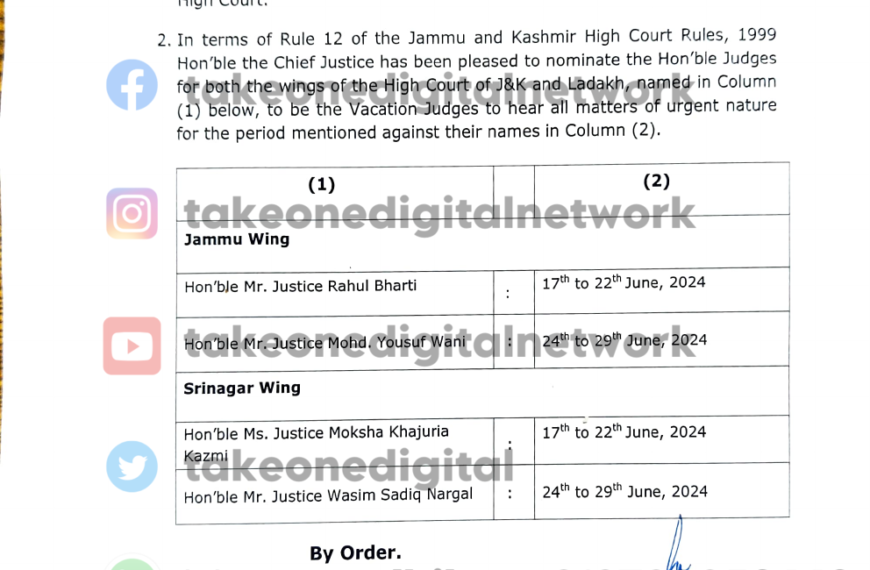 J&K High Court Announces Summer Vacations From June 10