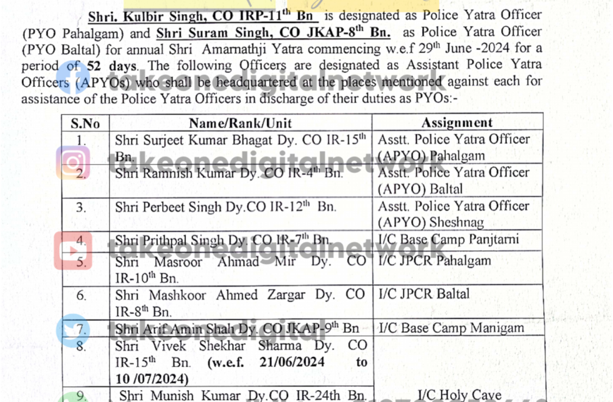 Deployment of Additional Manpower for Shri Amarnath Yatra ordered