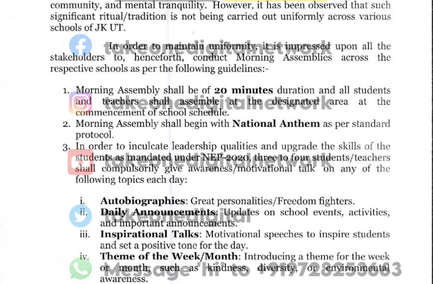 Guidelines issued for conduct of Morning Assemblies at Schools in J&K