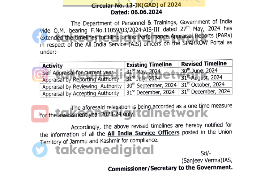 J&K Govt extends timelines for recording of PARS for year 2023-24 in respect of AIS officers