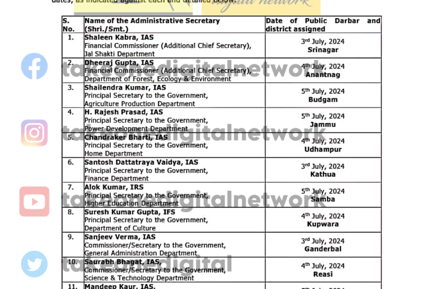 J&K Govt issues Roster for Public Darbars by Administrative Secretaries