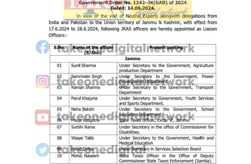 J&K Govt appoints 50 JKAS Officers as Liaison Officers for visit of Neutral Experts alongwith delegation from Pakistan to J&K