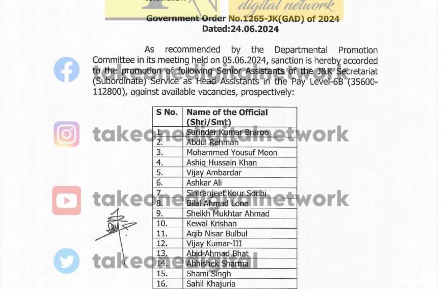 25 Senior and 3 Junior Assistants promoted in J&K Admin