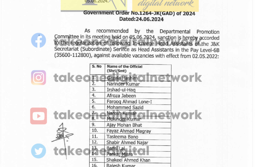 49 Incharge Head Assistants of J&K Secretariat Services regularized