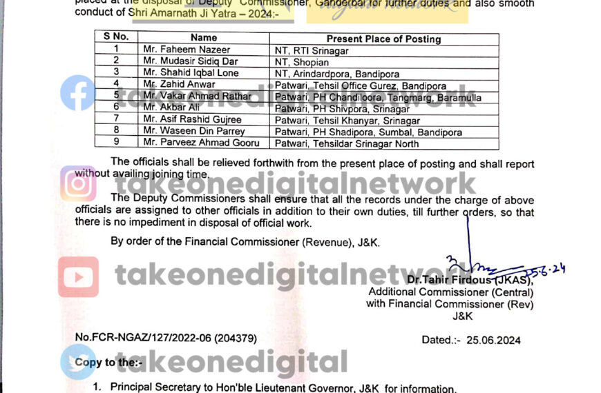 Transfers and Postings of Naib Tehsildars & Patwaries ordered by J&K Admin