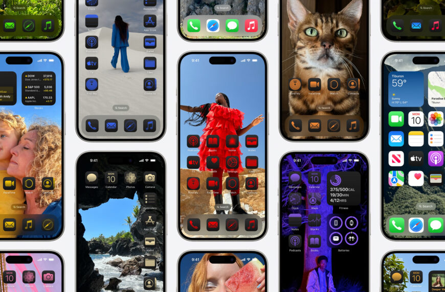 The image is of iOS 18 Features List. A collage of various iPhone home screens in iOS 18. The screens show different app icon styles, widgets, and wallpapers. Some widgets display information such as the time, date, weather, and fitness rings. Text on the screens includes "Lunch with Andy," "Paradise Dr," "9:41," "375/500CAL," "19/30MIN," and "♫."