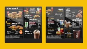 The image shows the mcdonalds menu explained on the digital board there is various options there like mcdonalds deals, dollar menu and berakfast items.