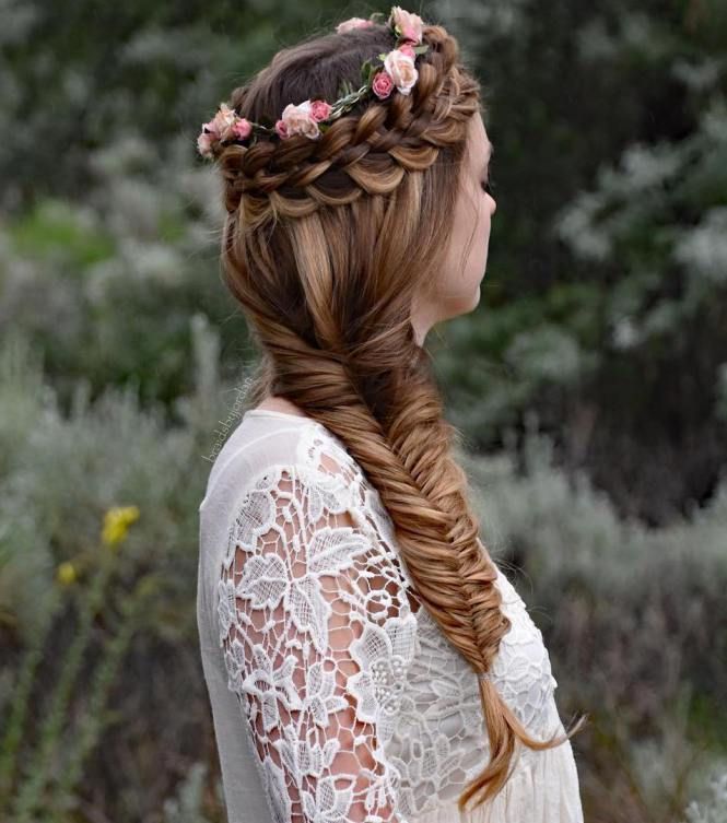 Braided Crown with Floral Accents Indian Wedding hairstyle