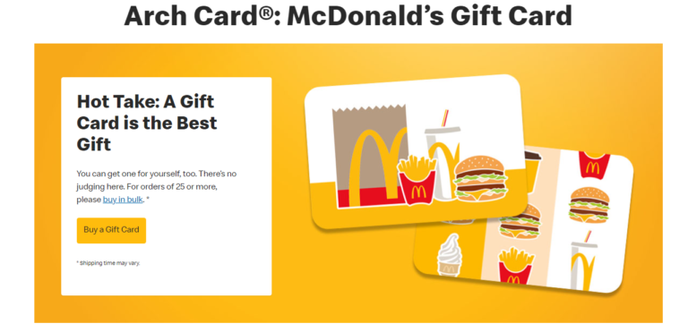 A McDonald's Arch Card gift card with a message saying "A Gift Card is the Best Gift." A photo of a McDonald's gift card.