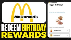 Sure, here is alt text for the image you sent: A digital image of a McDonald's birthday reward card. The text at the top reads "Ready to redeem?" in yellow text. Below it is a red background with white text that says "Happy Birthday!" In the center of the image is a golden yellow arch, the McDonald's logo. Below the logo is the text "View terms of this offer Participating Restaurants" in black text. At the bottom of the image is a blue bar with white text that reads "McDonalds." Below that are two buttons, one red that says "REDEEM BIRTHDAY REWARDS" and one green that says "Choose how to use your reward." There are then two gray arrows pointing down.