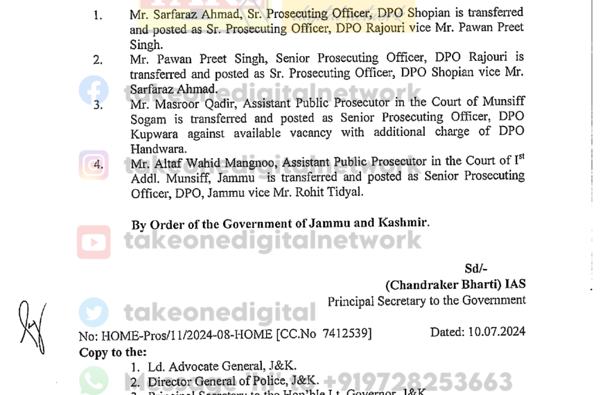 Transfers & postings of 4 members of J&K Prosecution Service ordered