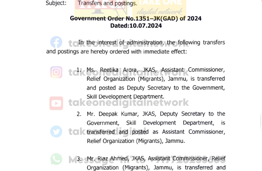 5 JKAS Officers transferred & posted by J&K Admin