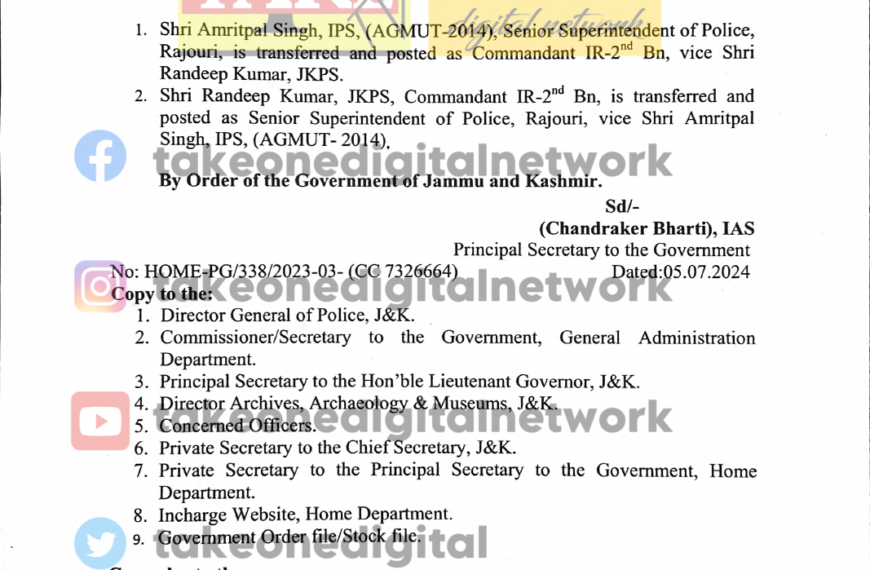 Two SSP rank officers transferred and posted in J&K